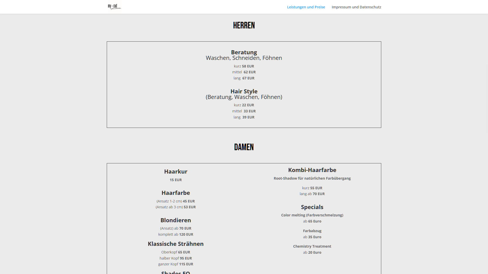 Preise auf dem Onepager des Friseursalons